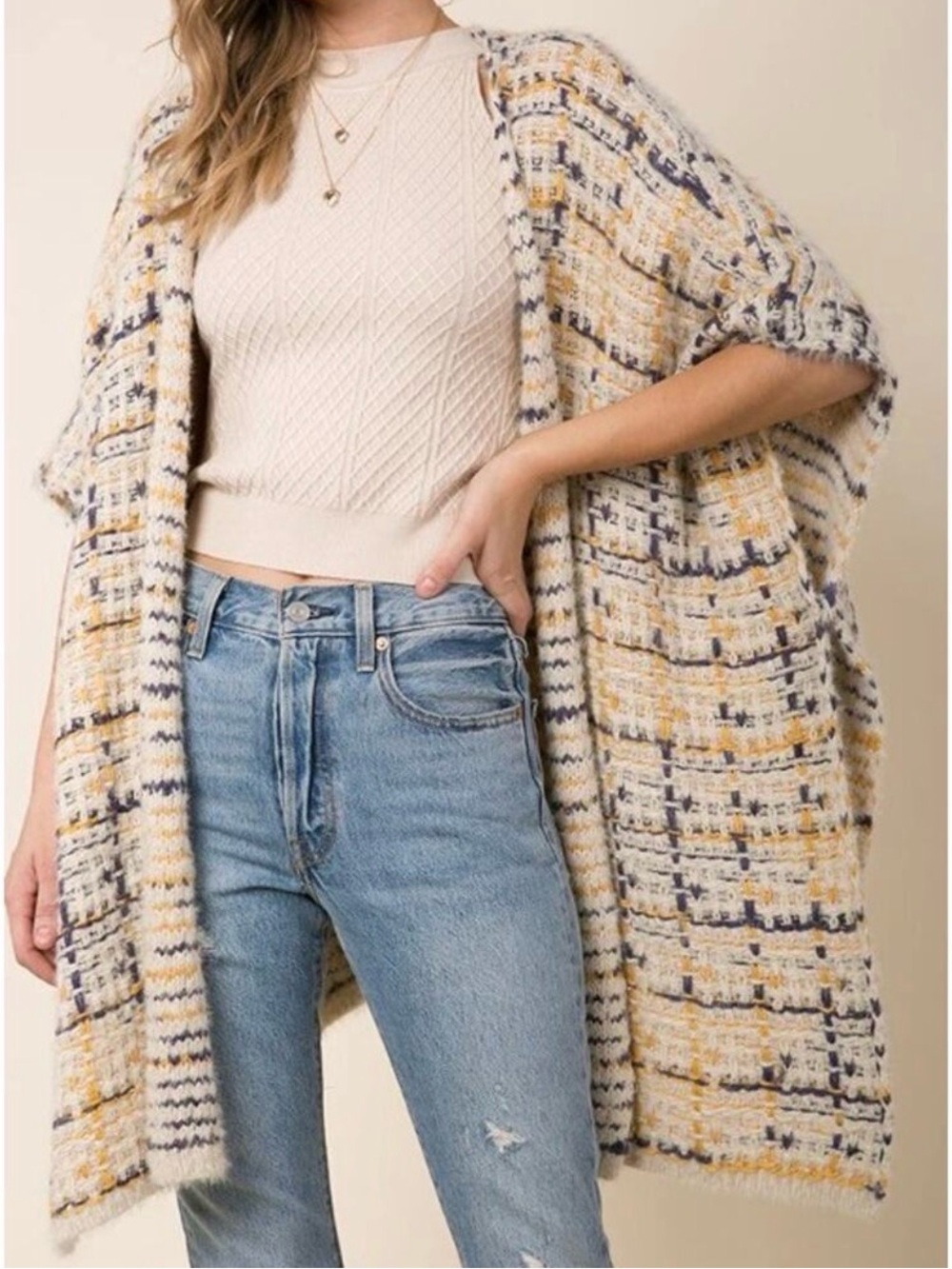 Anthropologie Raga Size Medium Chunky Plaid Knit Sweater Cardigan Poncho Cozy